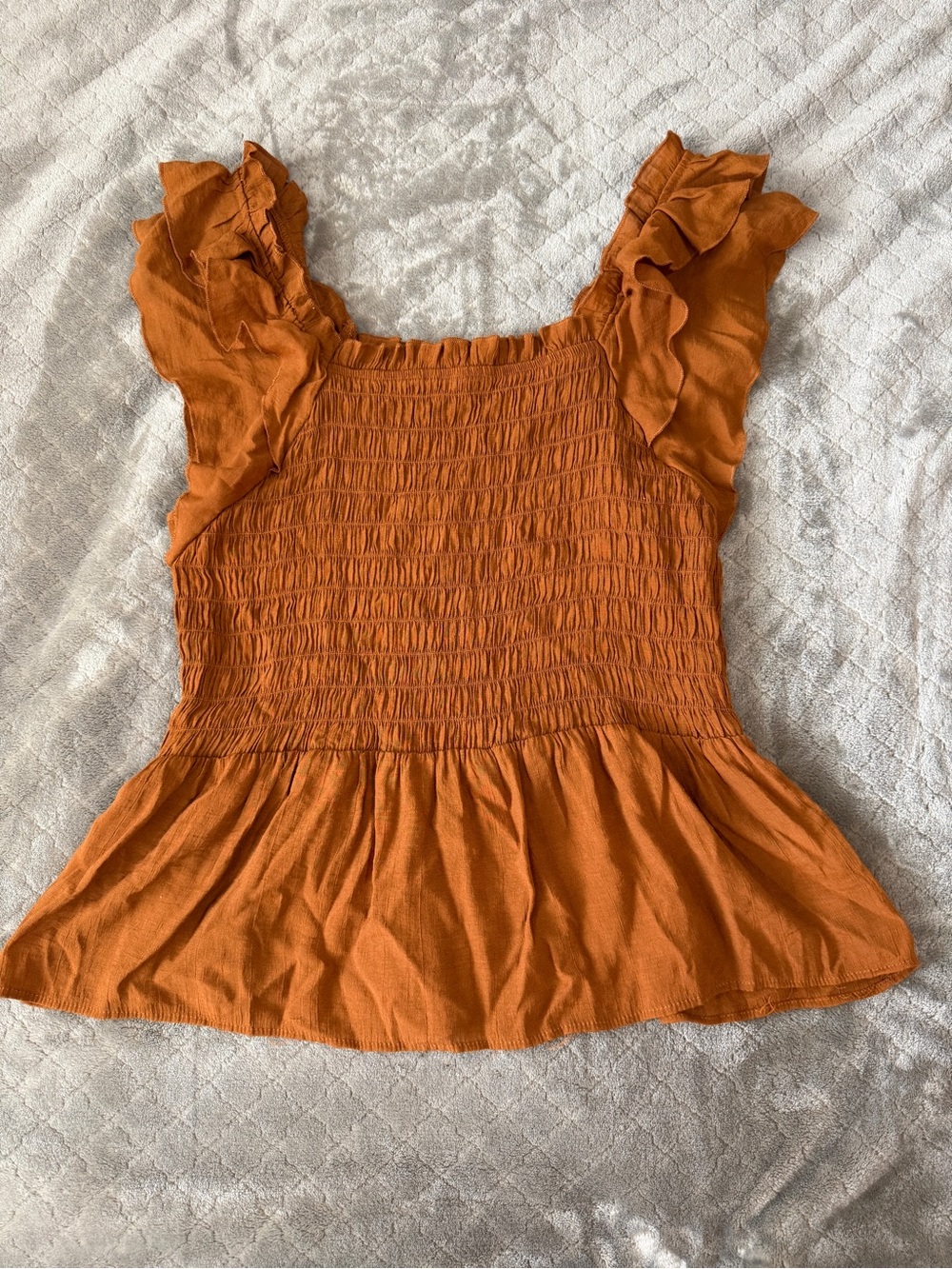 Nanette Lepore Burnt Orange Smocked Ruffle Sleeve Peplum Top L.
